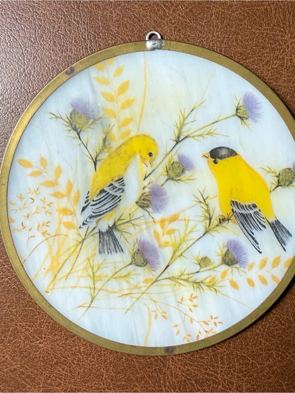 VTG White Slag Glass Window Sun Catcher Painted Gold Finches Thistle Grannycore